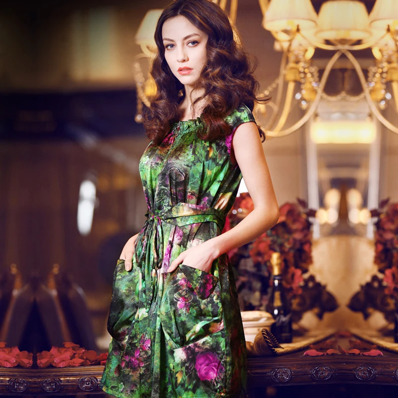 

(Clearance Sale) Silk 28 Momme Multi-color High Elasticity O-neck Elegant Printed Dress Detachable Belt Loose Summer Dress AS001