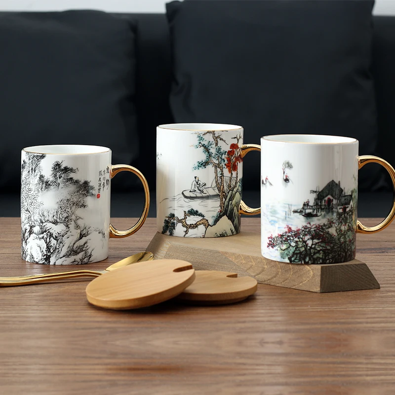 

Porcelain drinking set bone china cup Chinese traditional ancient art ink painting tea cup Oriental Culture