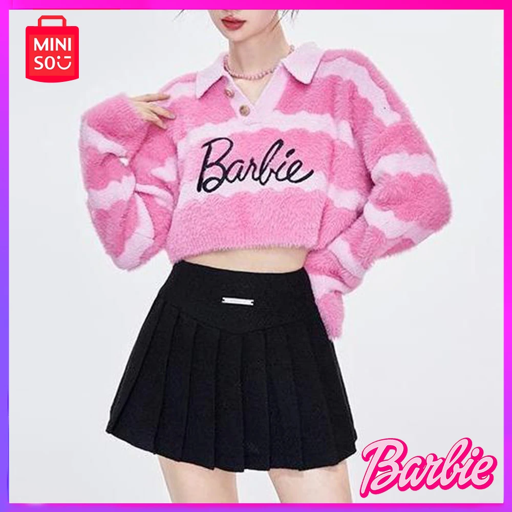 

2023 Miniso Barbie New Winter Color Matching Short Sweater Pure Wind Imitation Mink Striped Wool Pink Kawaii Christmas Girl Gift