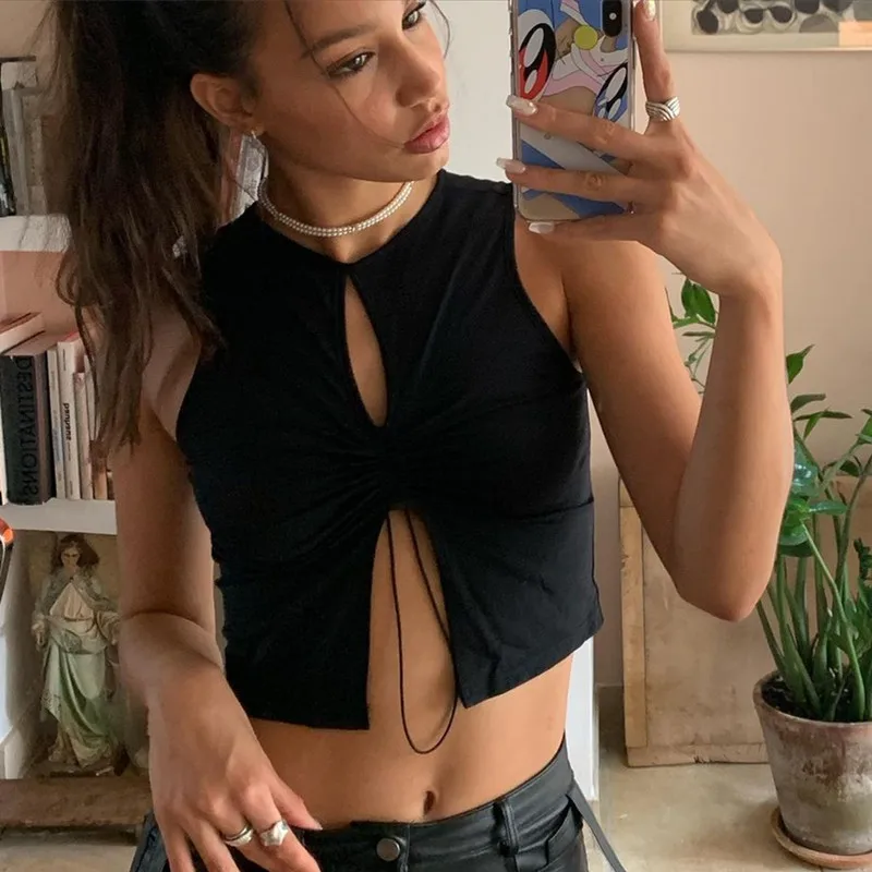 

Women Sleeveless Drawstring Club Party Outfits Black T-shirts Sexy Hollow Out Bandage Solid Color Tank Tops Crop Streetwear Top