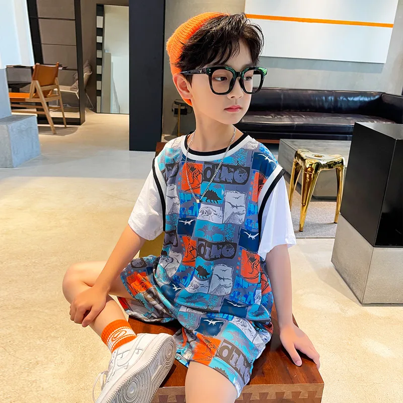 Teen Boys Clothes Set Fake Short Sleeve T-shirt + Shorts Summer Dinosaur Kids Sports Suit Children 2PCS Outfits 5 7 9 11 13 14 Y