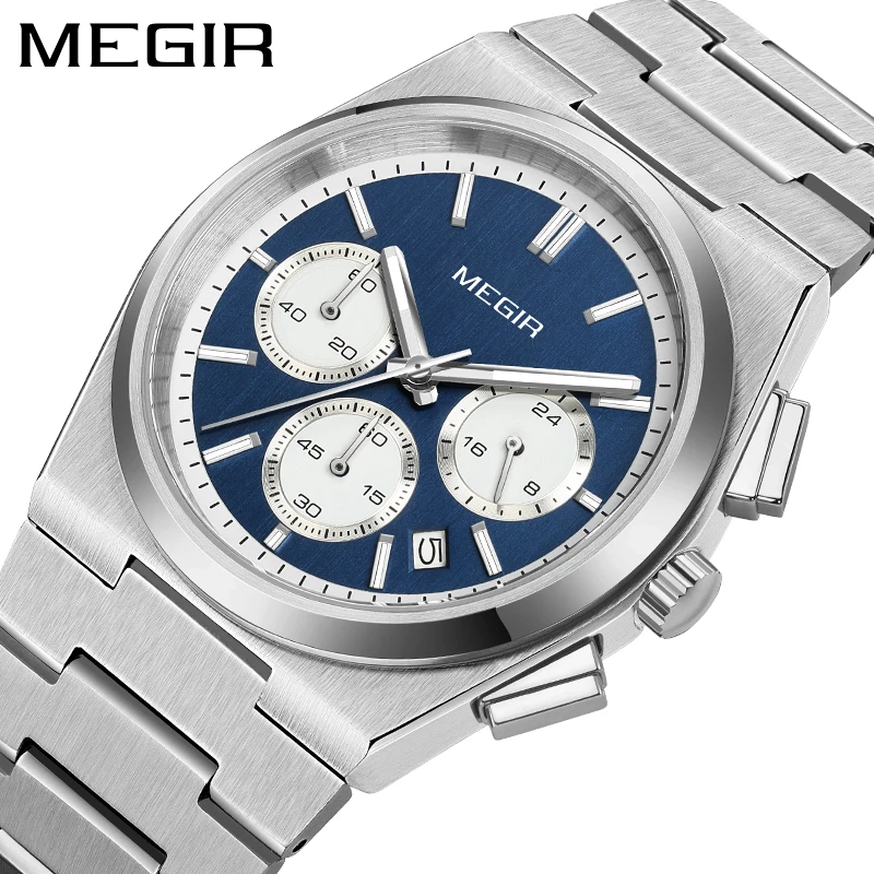 MEGIR Men Watches Japanese Quartz Movement VD53 Chronograph Watch Stainless Steel 50M Waterproof Date Clock Relogio Masculino