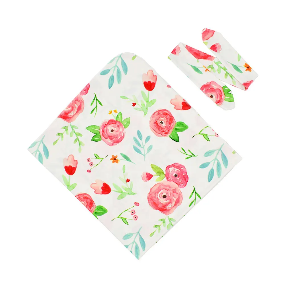 

Girl Boys Floral Print Newborn Baby Headband Set Sleeping Photography Props Toddler For Shower Party Swaddle Blanket Fashion