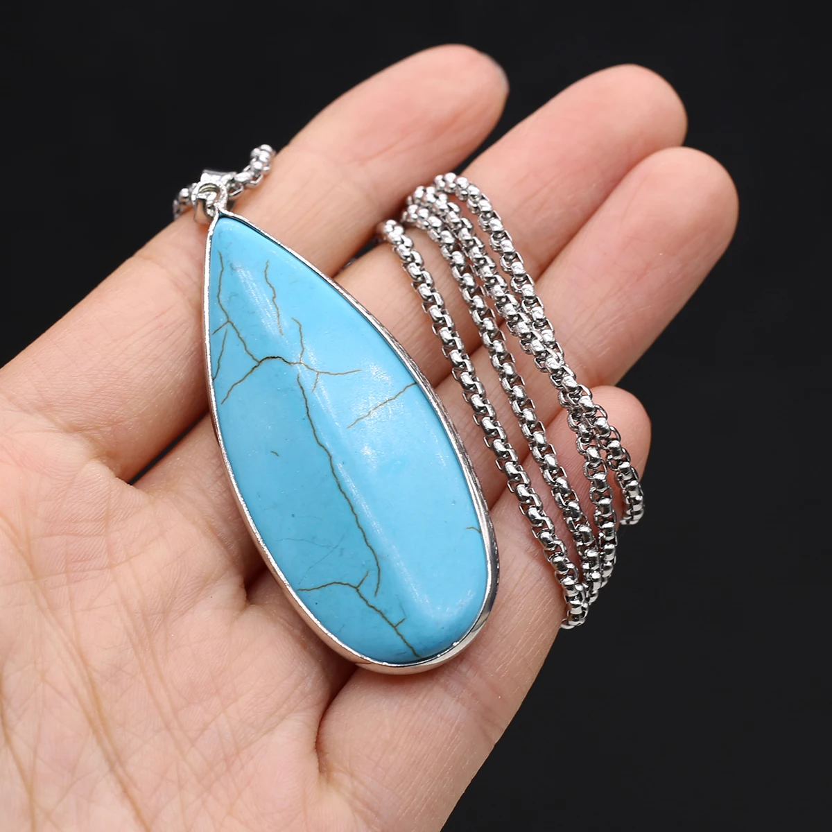 

Natural Stone Pendant Necklace Long Water Drop Polished Turquoise Stainless Steel Chain for Women Trendy Necklace Jewelry Gifts