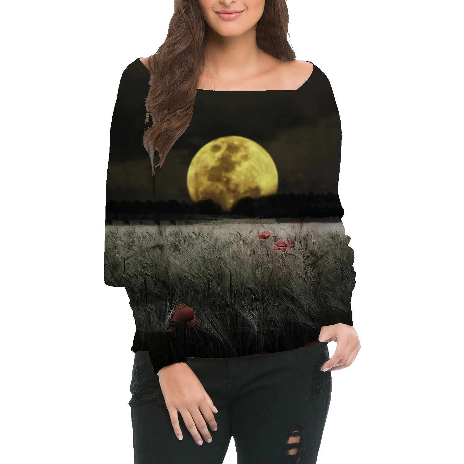 

Европейский молодежный популярный сексуальный свитер с открытым воротником, женский модный свитер с закатным пейзажем, повседневный спорт...