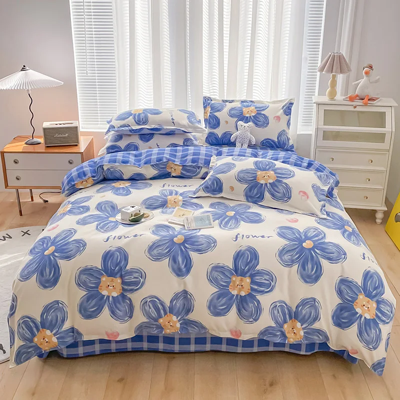 Blue Flower Printed Comforter Set Thicken Cotton Brushed Bedding Sets Soft Bed Linens Duvet Cover Sheet Queen King Size