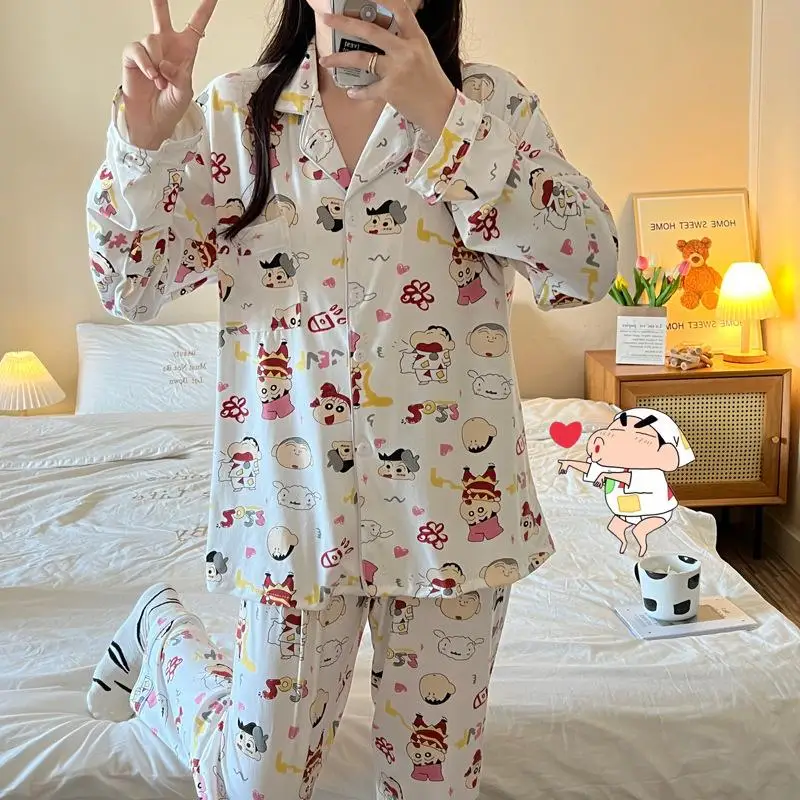 New Kawaii Cute Sanrio Crayon Shinchan Long Sleeve Pajamas Set Pajamas Cartoon Lovable Printing Simplicity Gift Toys For Girls