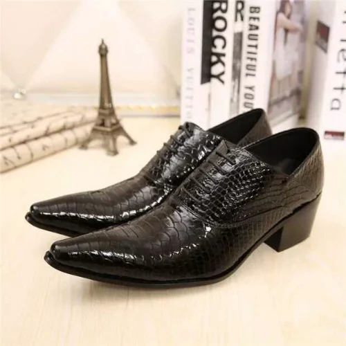 

Pointed Toe High Heel Leather Shoes British Men's Hight Increasing Shoes Snake Pattern Lace-up Trend Hair Stylist Bar Shoes