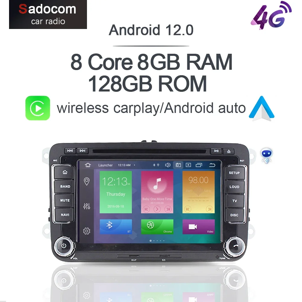 Автомобильный DVD-плеер 720P IPS Carplay DSP LTE Android 12 0 8 ядер 8G + 128G RDS радио GPS карта Wifi для VW