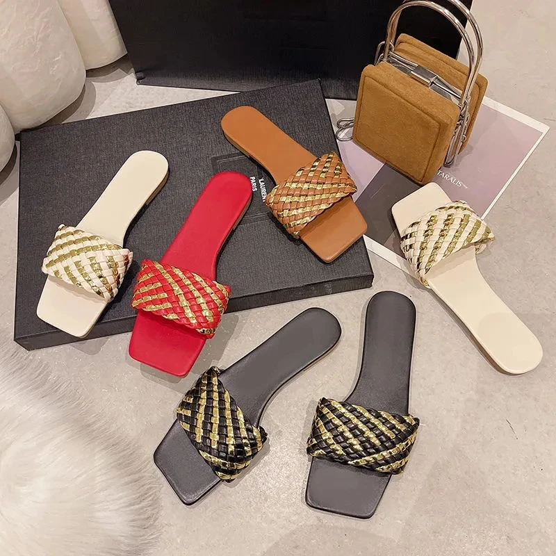 Weave Design 2023 Women's Slippers Braided Detail Fashion Sexy Open Toe Outdoors Flat Sandals Luxurious Temperament Woman Shoes