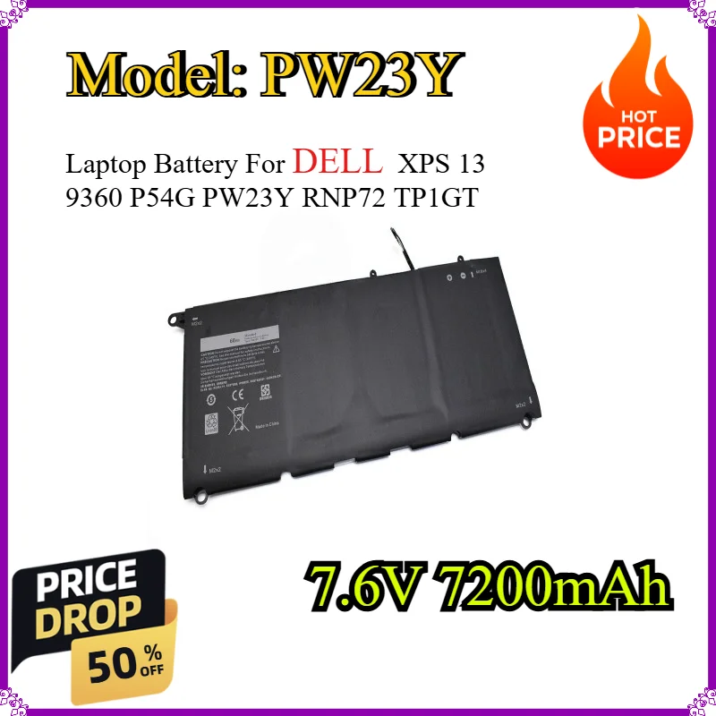 Фото Аккумулятор для ноутбука PW23Y 7.6V 7200mAh 60Wh для DELL XPS 13 9360 P54G PW23Y RNP72 TP1GT №1