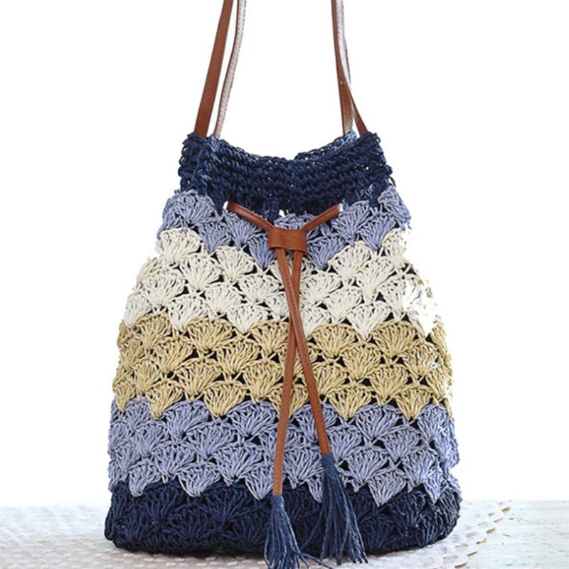 Соломенная Сумка-ведро ручной работы с кисточками маленькая плетеная Сумка