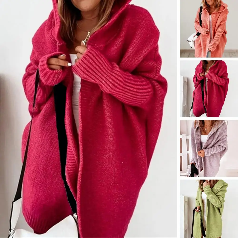 

Women Winter Sweater Coat Loose Hooded Bat Long Sleeve Knitted Cardigan Thick Warm Soft Open Stitch Elastic Lady Cardigan Coat