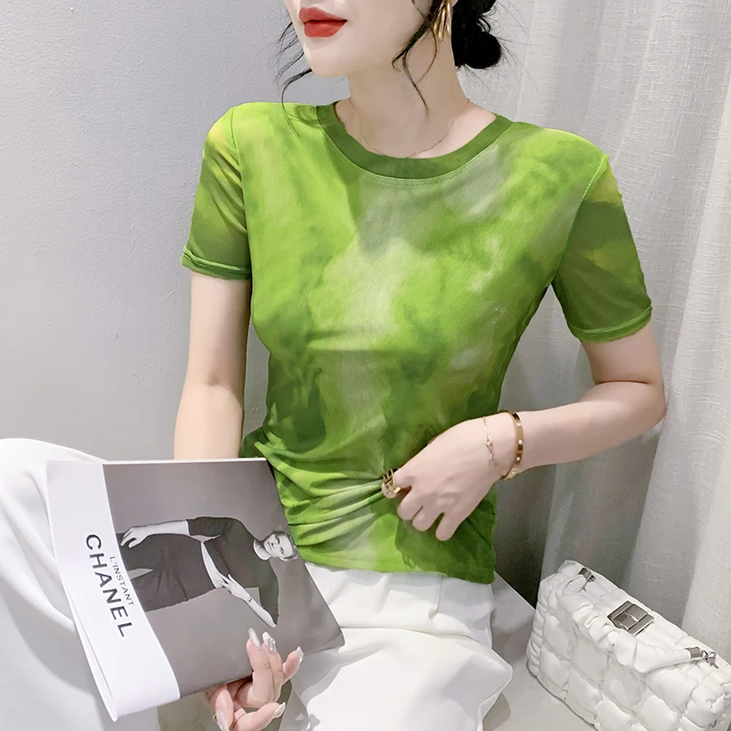 

2023 Summer Women's T-shirt Mesh Print Round-neck Slim Fit Short-sleeved Regular StyleTop with Floral Design Ropa De Mujer Korea