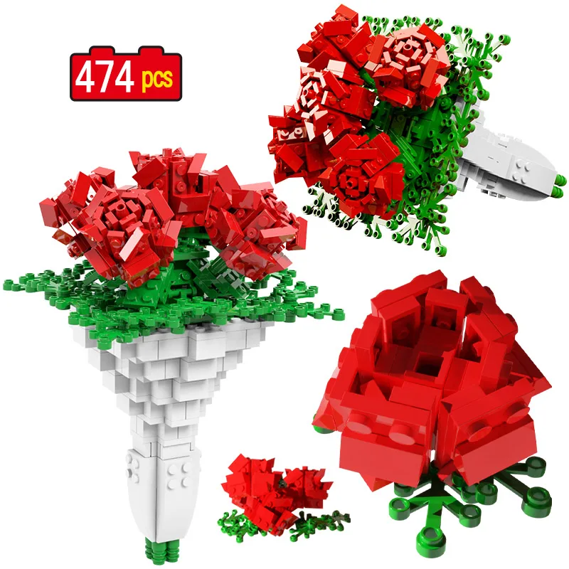 

474pcs City Flowers Bouquet Home Ornaments Building Blocks Friends Romantic Rose House Decoration Bricks Toys For Girls Gifts