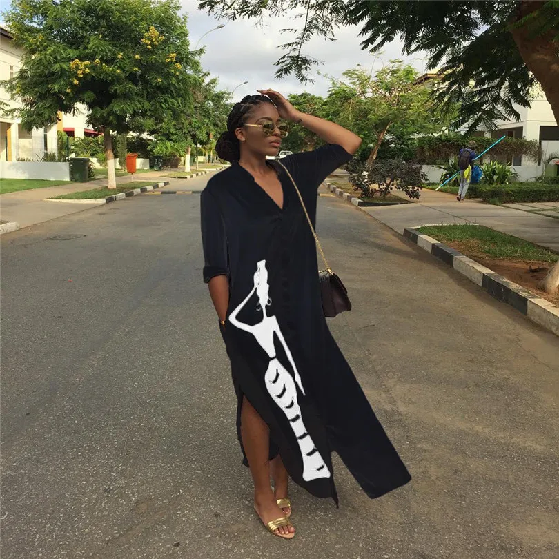 

Character printed sexy side spilt maxi dress summer fashion v neck long sleeve shirt dress street casual women long robe L042