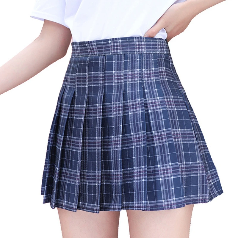 

Women Summer High Waist Plaid Pleated A-Line Mini Skater Skirt Preppy Style Side Zipper Flared Hem Student Uniforms Streetwear