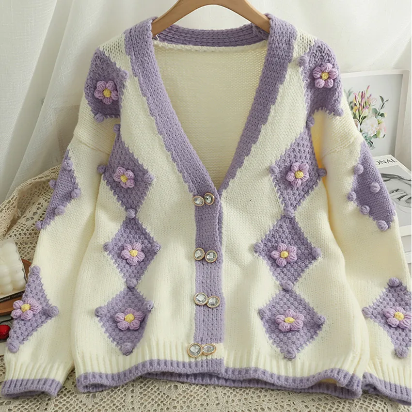 Korean Style Sweet Flower Embroidery Cardigan Women Knitted Sweater Cardigans Oversized Coat Autumn Winter Jumper Pull Femme