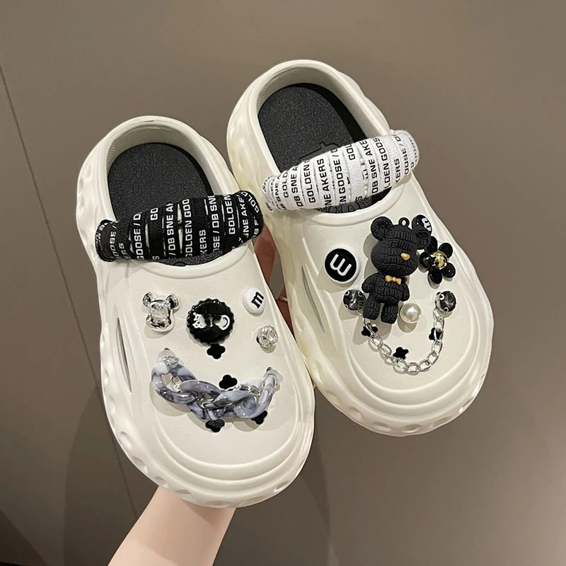 Mo Dou Scandals for Women 2023 Summer New EVA Thick Sole Non-slip Home Slippers Punk Style Rhinestone Chain DIY Wearable