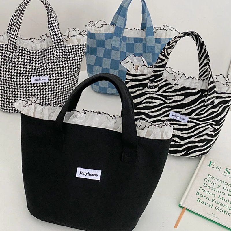 Fashion Zebra Pattern Plaid Solid Color Canvas Handbag For Women Lotus Leaf Lace Large Capacity Creative Beautiful Flounces Bag