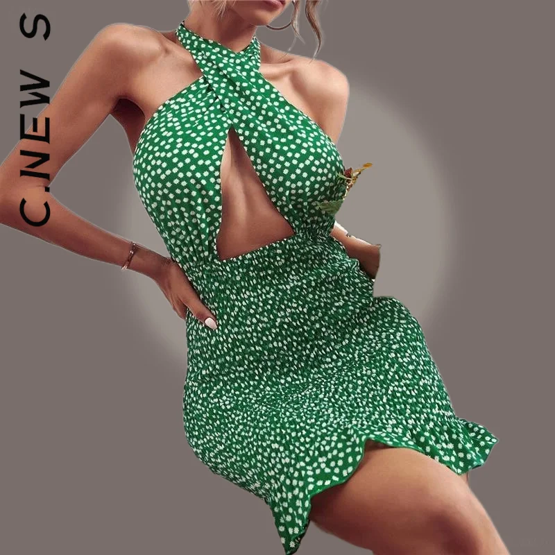 

C.New S Dress Backless Tie Up Short Wrap Bodycon Sexy Cross Halter Mini Dress Robe Popular Vestidos Dresses Woman Female