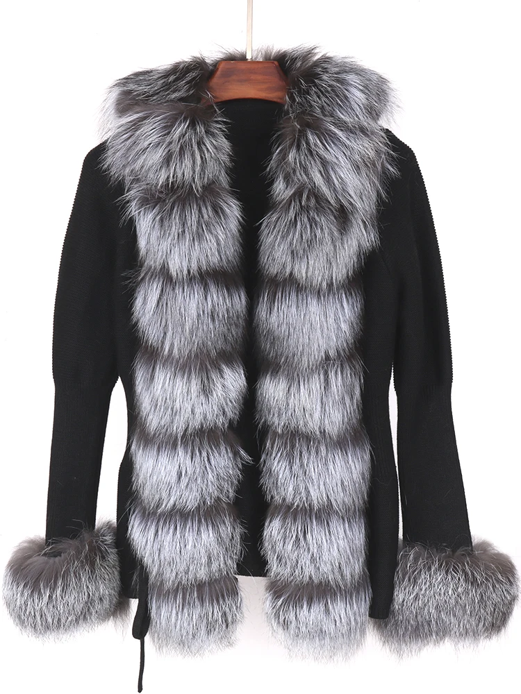 New Casual Autum Winter Wool Knitted Sweater Women Real Fox Fur Coat Natural Fox Fur Collar Hooded Cardigan Fashion Streetwear
