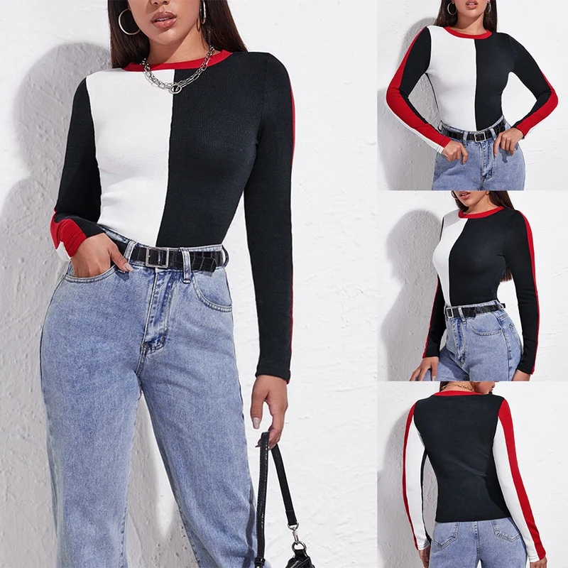 

Women's Fashion Round Neck Color Block Long Sleeve Loose T-Shirt Tops White