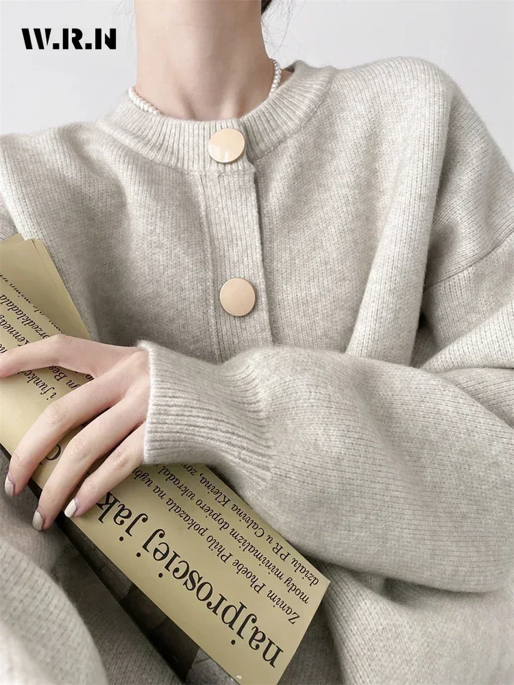 Женские повседневные вязаные кардиганы с круглым вырезом и длинными рукавами