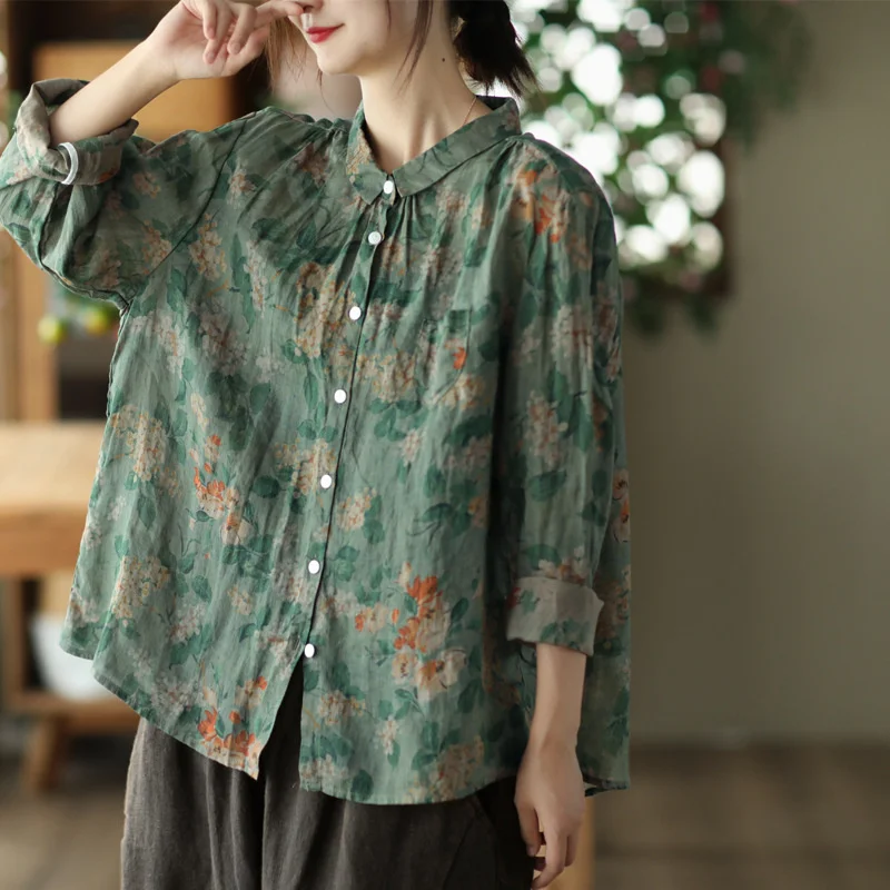 

NINI WONDERLAND 2023 Spring Women Printed Ramie Casual Shirt Female Print Flower Loose Long-sleeved Shirt Tops