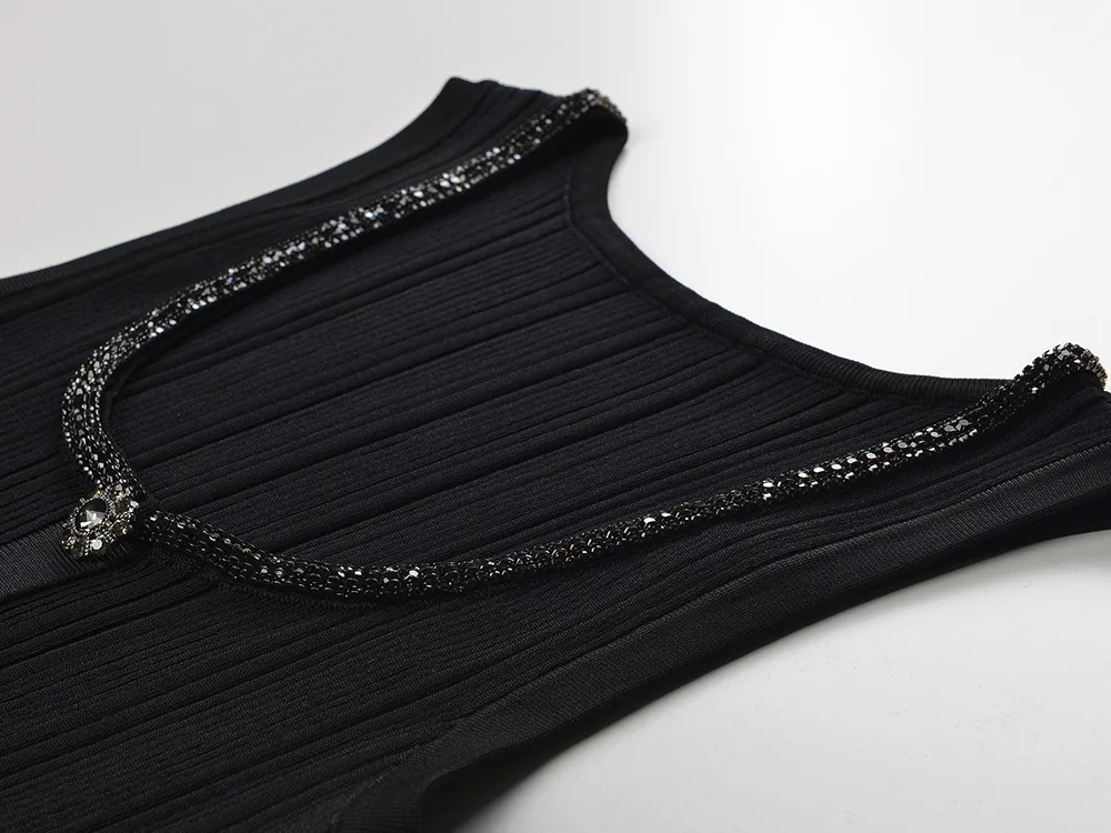 Женский дизайнерский Топ со стразами без рукавов эластичный облегающий вязаный