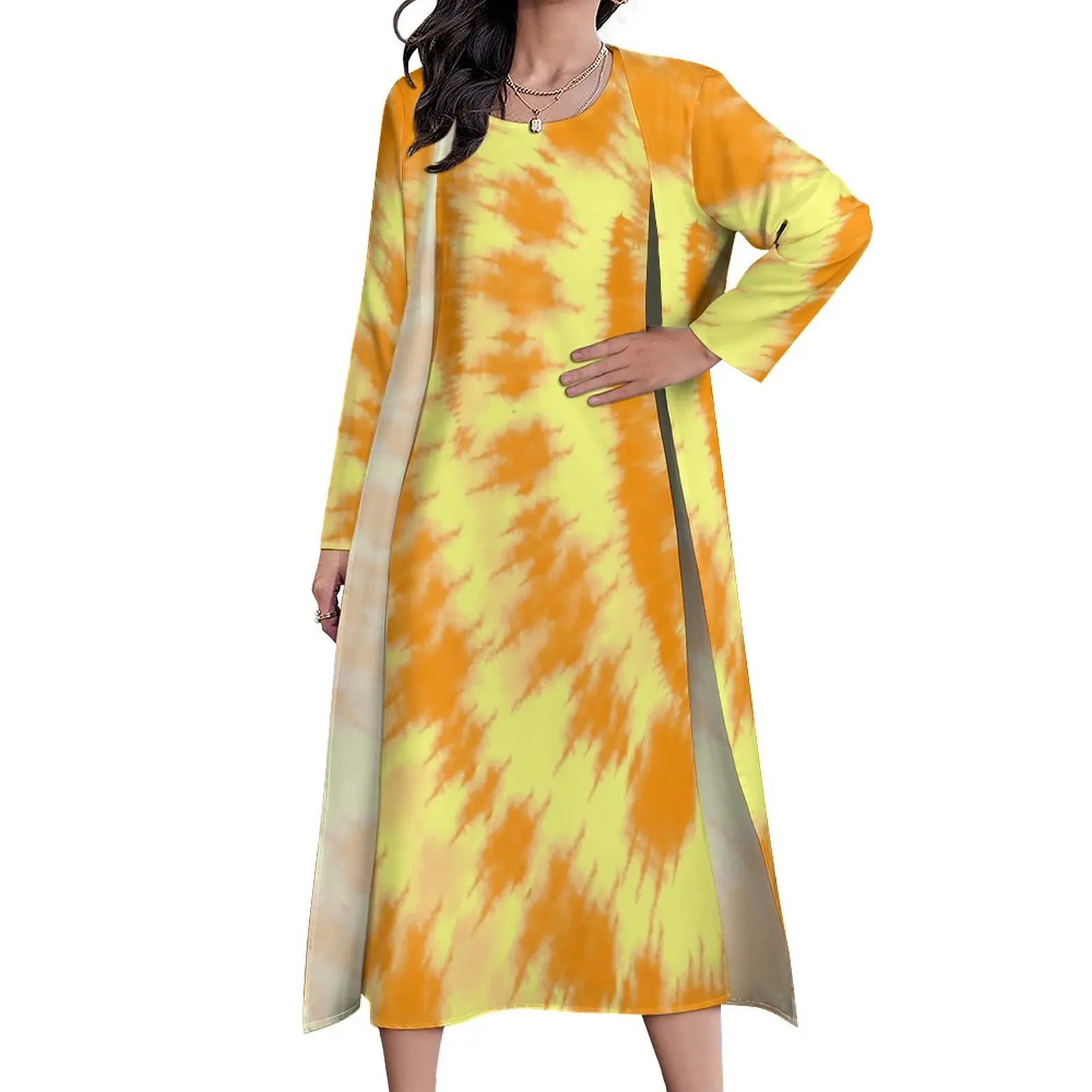 

Tie Dye Print Dress Two-Piece Orange And Yellow Street Style Boho Beach Long Dresses Female Kawaii Maxi Dress Gift