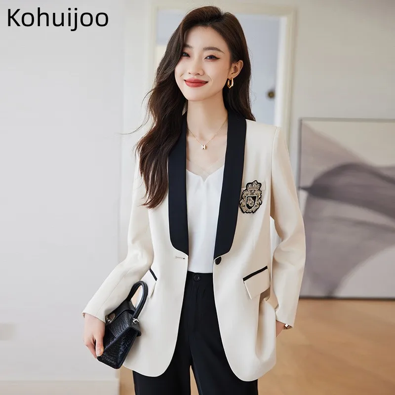 Kohuijoo Office Wear Lady Blazer Korean 2023 Spring Autumn Korean Long Sleeve Loose Long Sleeve White Collar Fashion Work Coat