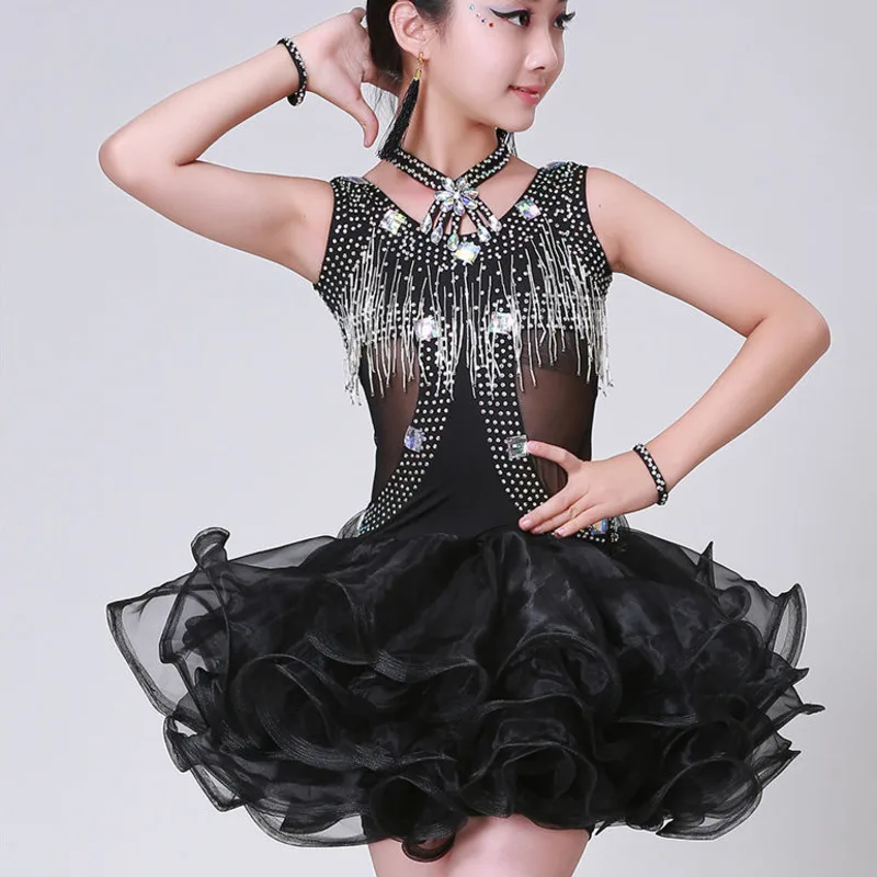 Детское платье с бахромой и блестками для латиноамериканских танцев |