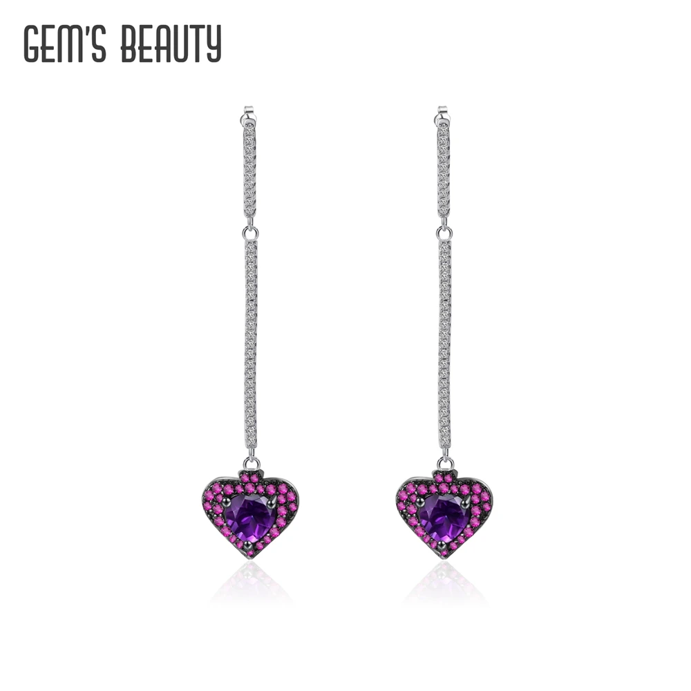 

GEM'S BEAUTY Heart Long Tassel Drop Dangle Earrings For Women Wedding Genuine 925 Sterling Silver Fine Jewelry Brincos Amethyst