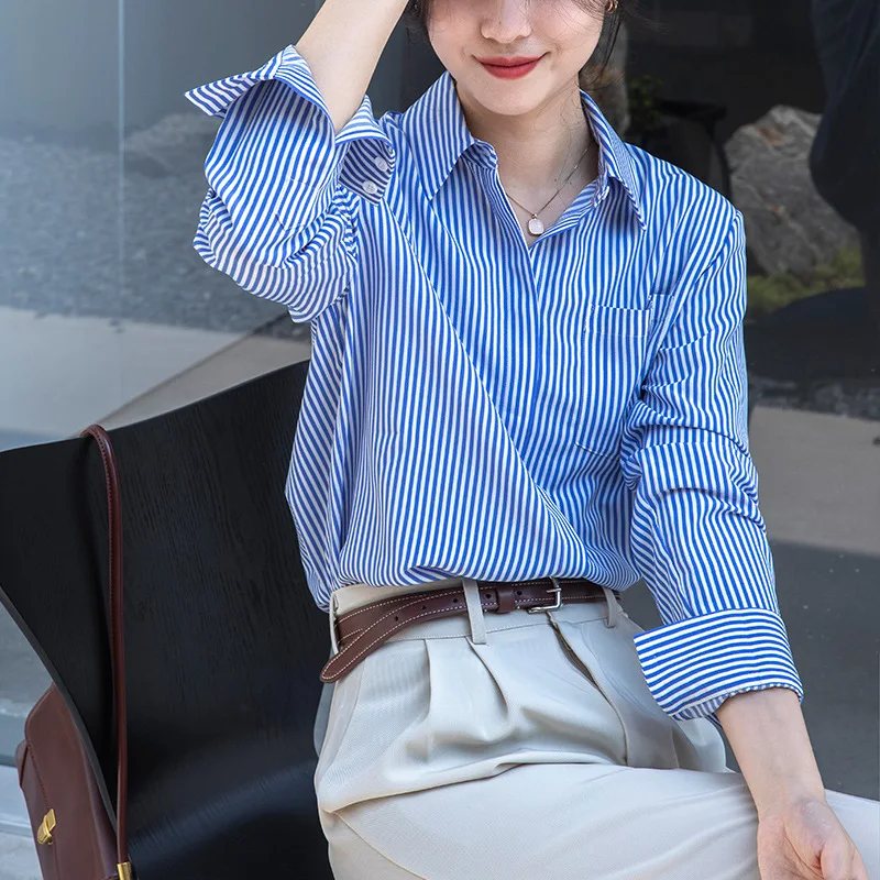 

Blue Stripe Shirt Women's Tops 2022 Spring Autumn New Casual Long Sleeved Shirts Office Lady Blouse Slim Shirts Female Blusas