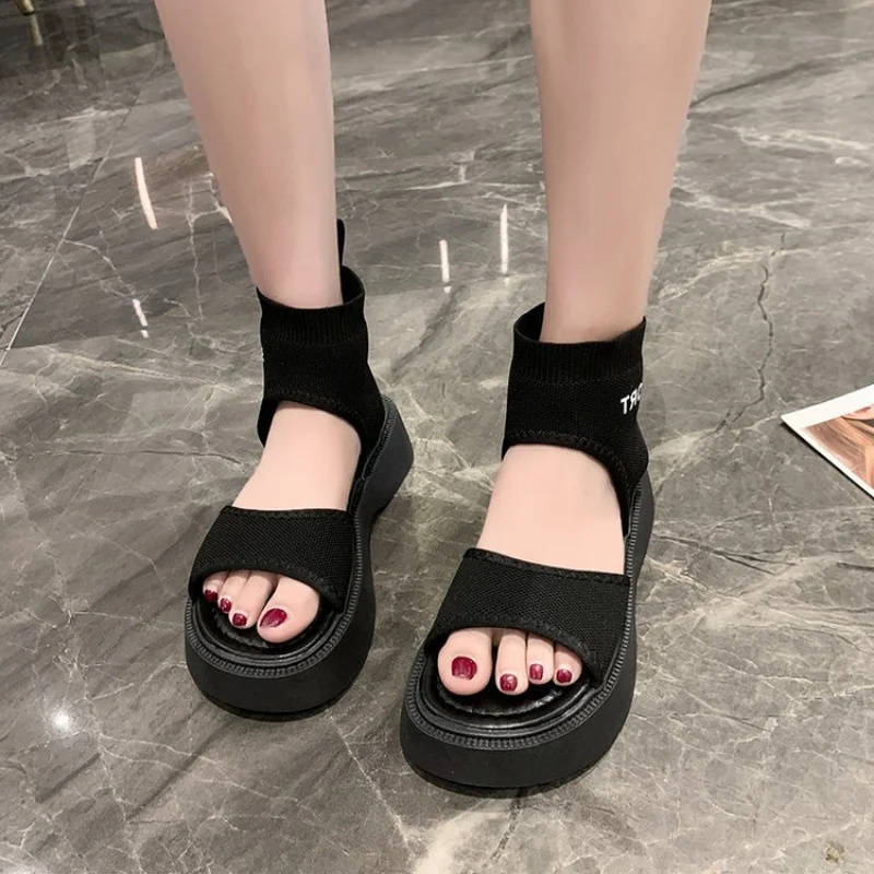 

Сандалии женские на толстой подошве, вязаные эластичные босоножки, модная Повседневная Удобная обувь в римском стиле, с открытым носком, в Корейском стиле, лето 2023