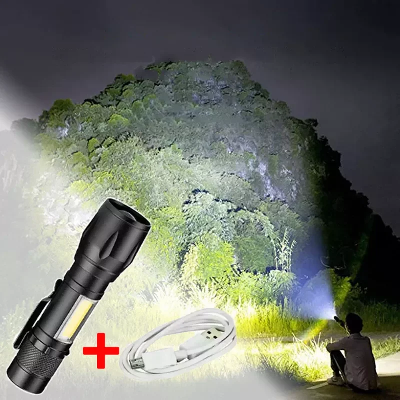 

Camping Outdoor COB 3 Modes Flashlight Multifunctional Zoomable LED Torch USB Inside Rechargeable Strong Lighting Lamp