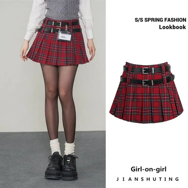 

Red Plaid Skirt American Retro For Women Summer Korean Half Length Mini Skirt Red Academy Style Pleated Korean Style Y2k Skirt