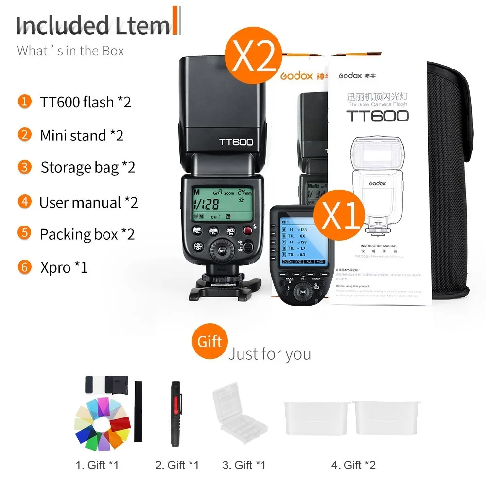 Беспроводная вспышка Godox 2x TT600 2 4G GN60 с триггером Xpro для Canon Nikon Sony Pentax Olympus Fuji -