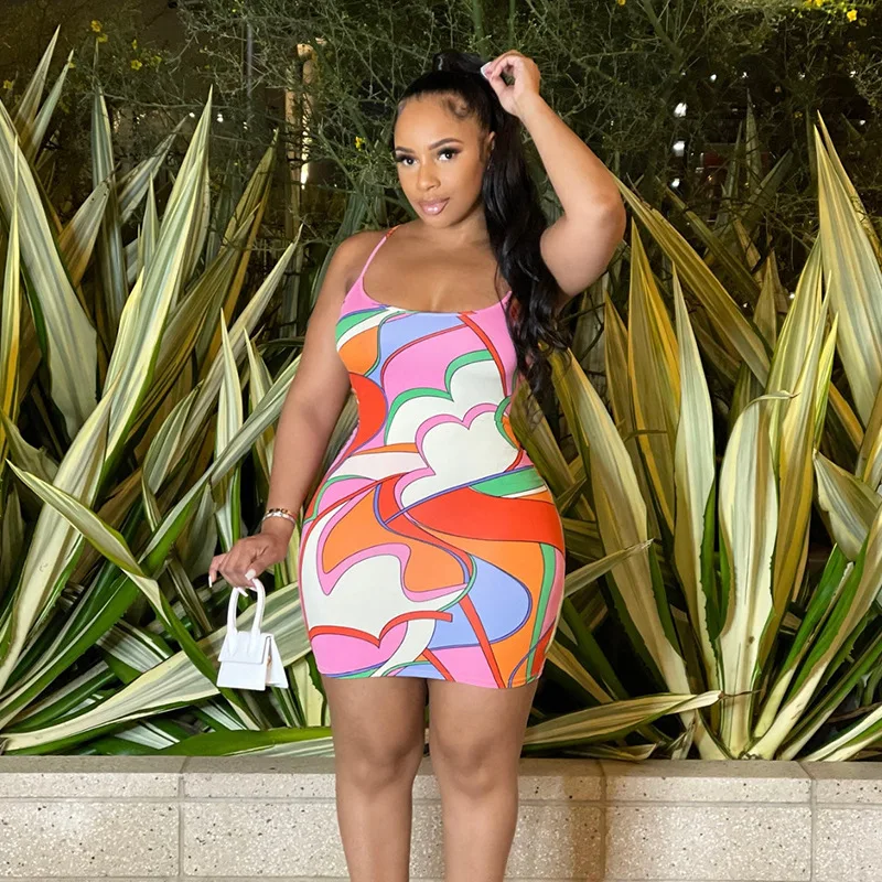

Geometric Print Short Summer Dress Women 2022 Backless Strap Bodycon Dress Sexy Club Party Mini Dress Beachwear Colorful