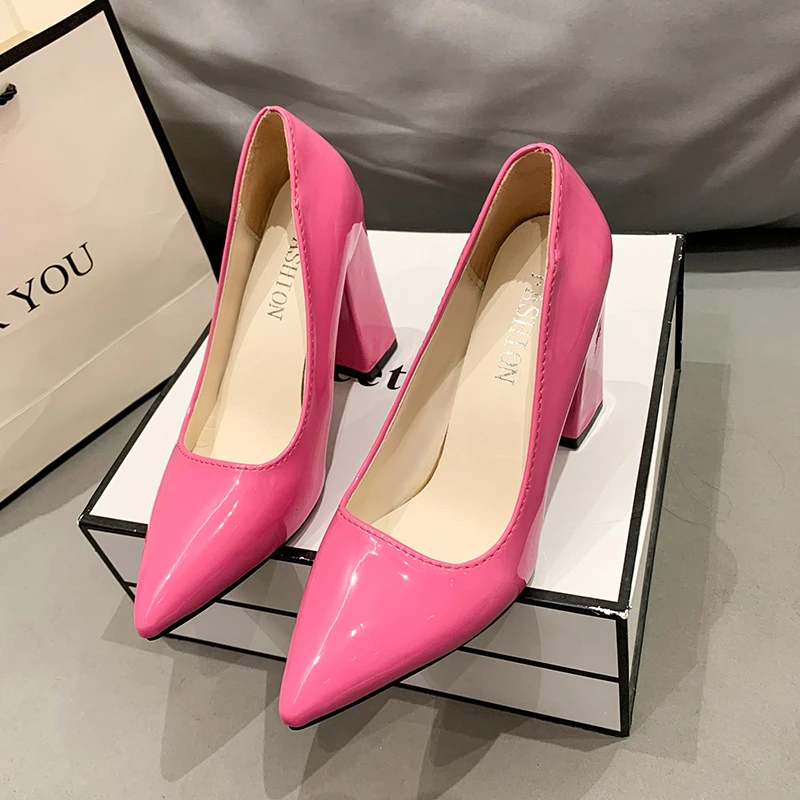 Colorful Pumps Women's Shoes 10cm High Heel Pointed Toe Fashion Chunky High Heels Patent Leather Shoes Female Plus Size 43