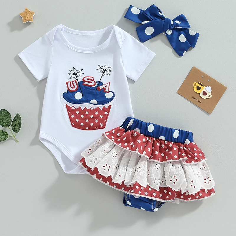 

Baby Girls Independence Day Set, Stars Print Short Sleeve Romper with Elastic Waist Shorts and Hairband Summer Outfit 0-18Months