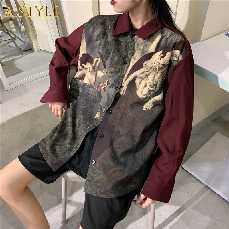 

A GIRLS Neploe Vintage Angel Print Blouse Shirt Japanese Streetwear Blusas Cardigan Long Sleeve Oversized Tops Women Men Clothes