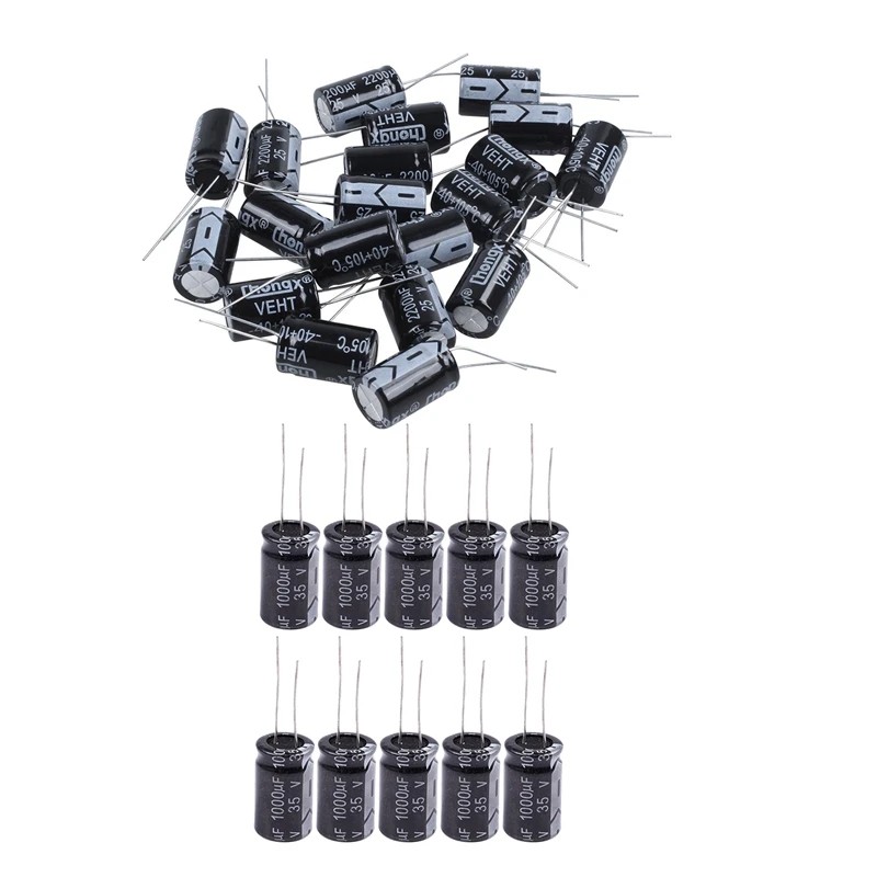 

30 шт. радиальные алюминиевые электролитические конденсаторы 13 мм X 21 мм, 20 шт. 2200 мкФ 25 в и 10 шт. 1000 мкФ 35 в