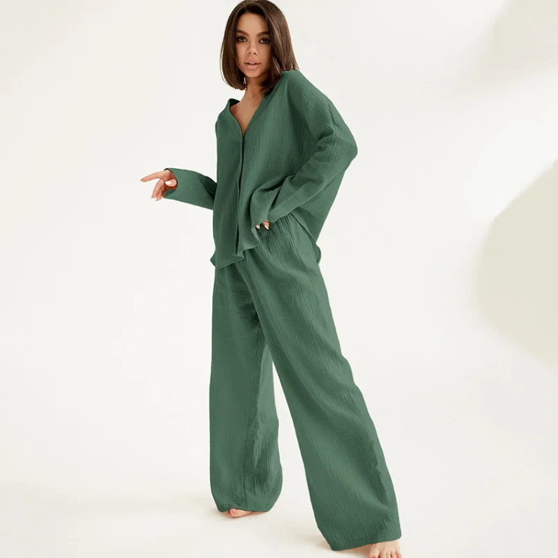 Excellent Product Women Pajama Sets Fashion Cardigan Wide Leg Trousers Sleepwear Pure Cotton Women's Home Clothes 2 Piece Suit