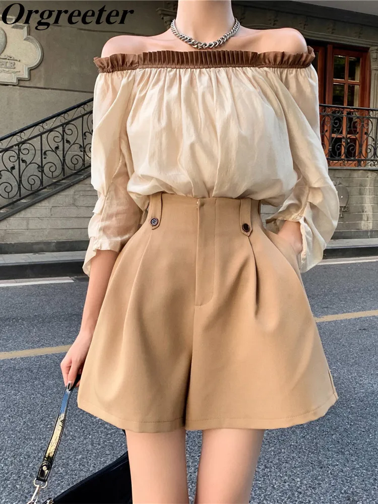 

2022 Summer New Fashion Off shoulder Loose Shirt Blouse +High waist Wide leg Shorts Two Piece Set Women Casual 2 Piece Pants Set