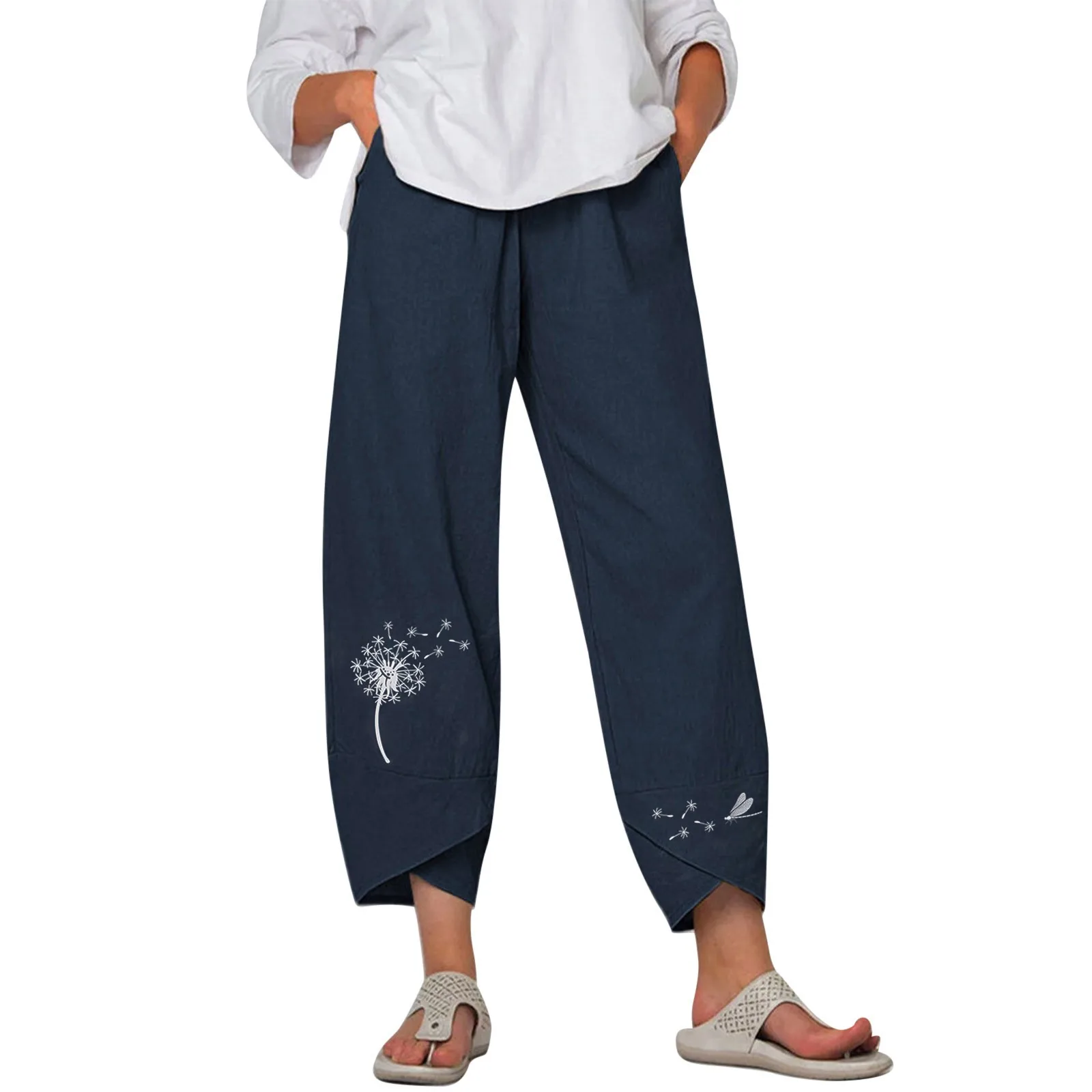 Oversized Cotton Linen Pants Women Spring Summer Wide Leg Trousers Dragonfly Dandelion Print Pockets Harem Pants Cropped Pants