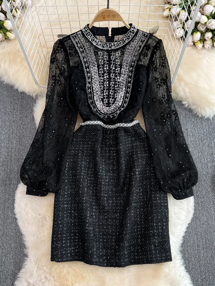 

Женское кружевное твидовое платье, винтажное облегающее короткое черное платье с длинным рукавом, расшитое бисером, в стиле пэчворк, весна 2019