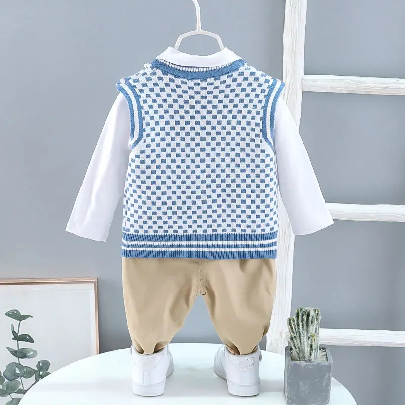Весна 2023, детская модная одежда, свитер для маленьких мальчиков, клетчатый жилет, рубашка, брюки, 3 шт./компл., детская одежда, спортивный кост...