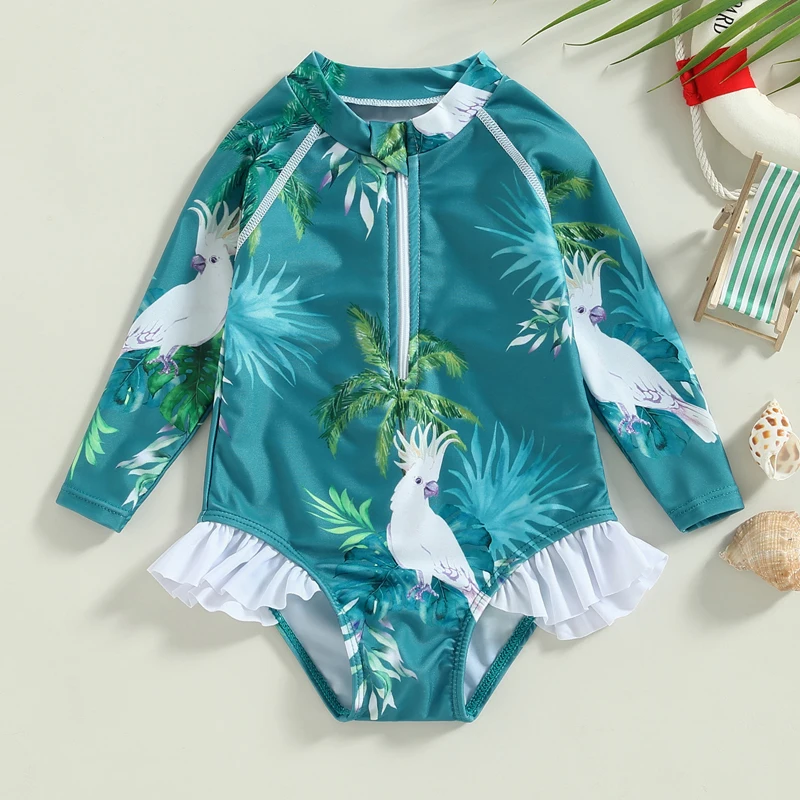 

1-6T Children Baby Girl Swimsuit Coconut Tree/Fish Scales Printing Lotus Leaf Zipper Long-Sleeved Swimwear Bikini Beach Clothing